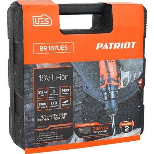 Дрель-шуруповерт PATRIOT 180301547 BR 187UES Дрель-шуруповерт аккумуляторная LI-ION Дрель-шуруповерт PATRIOT 180301547 BR 187UES Дрель-шуруповерт аккумуляторная LI-ION
