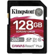 KINGSTON Карта памяти SDXC UHS-II Canvas React Plus 128 ГБ, 280 МБ/с, Class 10, SDR2V6/128GB, 1 шт., без адаптера