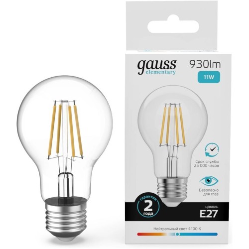GAUSS Лампа филам. Filament 11Вт цок.:E27 груша 220B св.свеч.бел.нейт. (упак.:10шт) (22221)