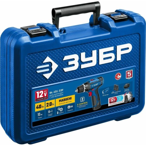 Дрель аккумуляторная ЗУБР ПРОФЕССИОНАЛ DL-121-22F 12В 2 АКБ (2Ач) + LED фонарь, в кейсе, дрель-шуруповерт Дрель аккумуляторная ЗУБР ПРОФЕССИОНАЛ DL-121-22F 12В 2 АКБ (2Ач) + LED фонарь, в кейсе, дрель-шуруповерт