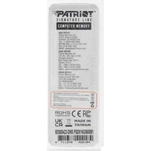 PATRIOT Память DDR5 16GB 5600MHz PSD516G560081 Signature RTL PC5-44800 CL46 DIMM 288-pin 1.1В single rank Ret PATRIOT Память DDR5 16GB 5600MHz PSD516G560081 Signature RTL PC5-44800 CL46 DIMM 288-pin 1.1В single rank Ret
