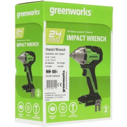 GREENWORKS Ударный гайковерт 3802907, без АКБ, без ЗУ GREENWORKS Ударный гайковерт 3802907, без АКБ, без ЗУ