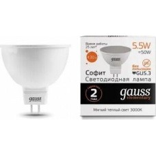 GAUSS Лампа светодиодная Elementary MR16 5.5Вт цок.:GU5.3 спот 220B 3000K св.свеч.бел.теп. (упак.:10шт) (13516)