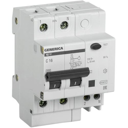 IEK Выключатель автом. дифф. тока MAD15-2-016-C-030 АД12 Generica 16A тип C 4.5kA 30мА AC 2П 230В 4мод серый (упак.:1шт)