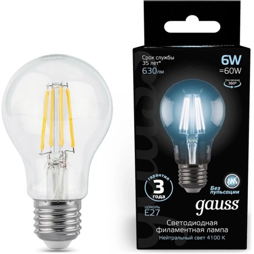GAUSS Лампа филам. Filament A60 6Вт цок.:E27 груша 220B св.свеч.бел.нейт. (упак.:10шт) (102802206)