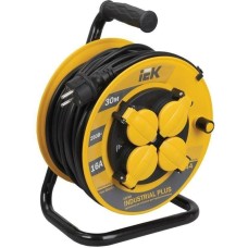 IEK Удлинитель силовой INDUSTRIAL PLUS, розеток 4шт, 3x1.5 кв.мм, 16A, 30м, ПВС, катушка, желтый [wkp15-16-04-30-44]