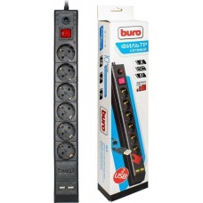Сетевой фильтр BURO BU-SP1.8-USB-2A-B 1.8м 6 розеток черный