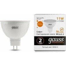GAUSS Лампа светодиодная Elementary 13511 11Вт цок.:GU5.3 софит 180B 3000K св.свеч.бел.теп. MR16 (упак.:1шт)