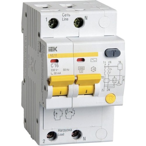 IEK Выключатель автом. дифф. тока АД12 (MAD10-2-016-C-030) 16A тип C 4.5kA 30мА AC 2П 230В 3мод белы