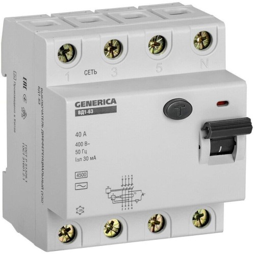 IEK Выключатель дифф.тока УЗО MDV15-4-040-030 ВД1-63 Generica 40A 4.5kA 30мА AC 4П 400В 4мод серый (упак.:1шт)