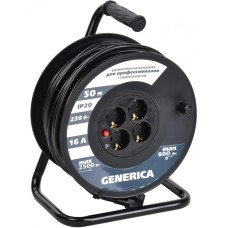 IEK Удлинитель силовой GENERICA УК50, розеток 4шт, 3x1.5 кв.мм, 16A, 50м, ПВС, катушка [wkp20-16-04-50-g]