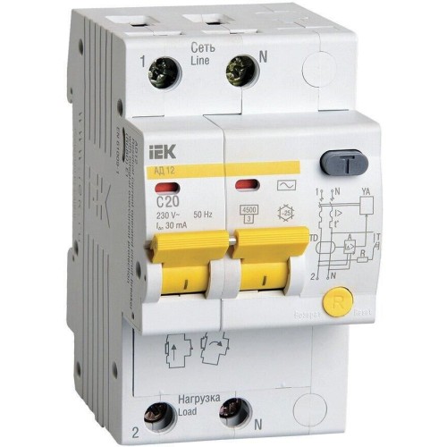 IEK Выключатель автом. дифф. тока АД12 (MAD10-2-020-C-030) 20A тип C 4.5kA 30мА AC 2П 230В 3мод белы