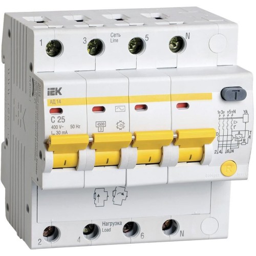 IEK Выключатель автом. дифф. тока MAD10-4-025-C-030 АД14 25A тип C 4.5kA 30мА AC 4П 230/400В 5мод белый (упак.:1шт)