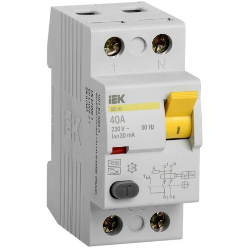 IEK Выключатель дифф.тока УЗО MDV10-2-040-030 ВД1-63 40A 30мА AC 2П 230В 2мод белый (упак.:1шт)