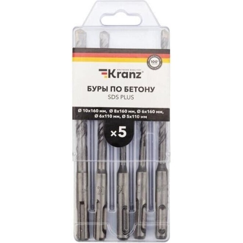 Бур KRANZ (KR-91-0406) Набор буров по бетону 5-6х110х50, 6-8-10х160х100мм, 5 шт, в пластиковой коробке SDS PLUS Бур KRANZ (KR-91-0406) Набор буров по бетону 5-6х110х50, 6-8-10х160х100мм, 5 шт, в пластиковой коробке SDS PLUS