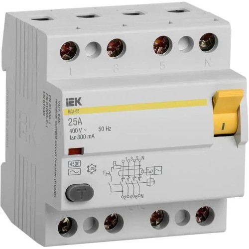 IEK Выключатель дифф.тока УЗО MDV10-4-025-300 ВД1-63 25A 300мА AC 4П 400В 4мод белый (упак.:1шт)
