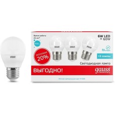 GAUSS Упаковка ламп LED E27, шар, 6Вт, 53226T, 3 шт
