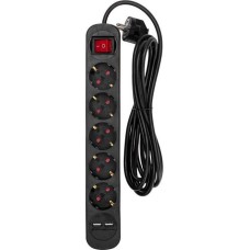 REXANT Удлинитель STANDARD 5 гнезд, 3м, 3х1,0мм², с/з, с выключателем, 2 USB, черный