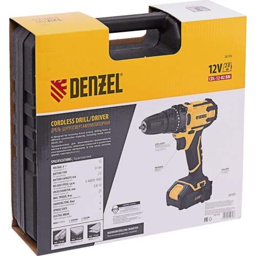 Дрель DENZEL Дрель-шуруповерт аккумуляторная CDL-12-02BM, Li-Ion, 12 В, 2 акк. 26105 Дрель DENZEL Дрель-шуруповерт аккумуляторная CDL-12-02BM, Li-Ion, 12 В, 2 акк. 26105