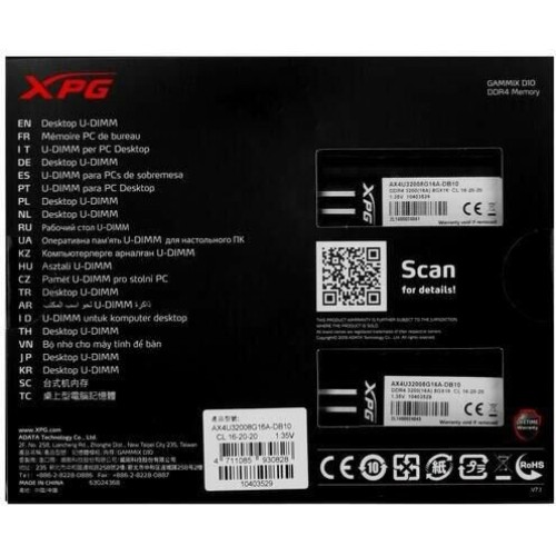 ADATA Модуль памяти DIMM DDR4-3200 16GB (8GBx2) AX4U32008G16A-DB10 A-DATA ADATA Модуль памяти DIMM DDR4-3200 16GB (8GBx2) AX4U32008G16A-DB10 A-DATA