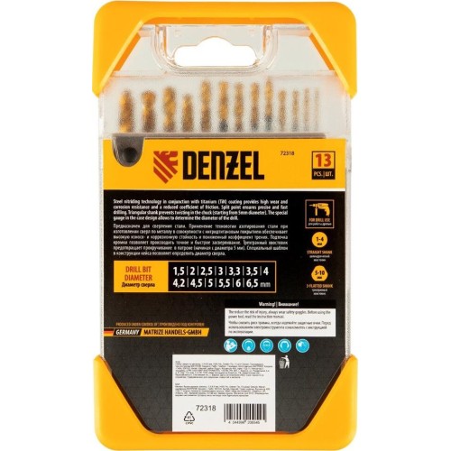 Набор сверл DENZEL Набор сверл по металлу, 1,5-6,5 мм, HSS-Tin, Golden Tip, 13 шт 72318 Набор сверл DENZEL Набор сверл по металлу, 1,5-6,5 мм, HSS-Tin, Golden Tip, 13 шт 72318