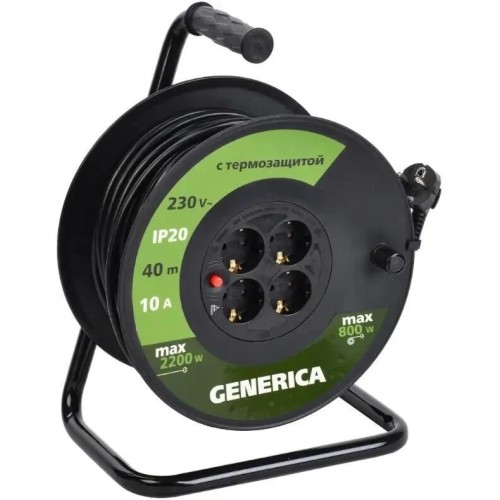 IEK Удлинитель силовой GENERICA УК40, розеток 4шт, 3x1.0 кв.мм, 10A, 40м, ПВС, катушка, черный [wkp10-10-04-40-g]
