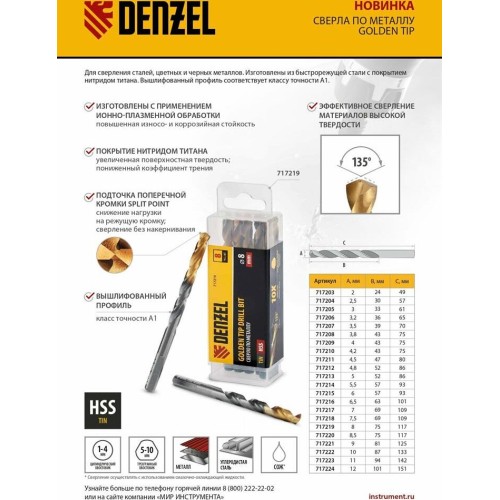 DENZEL Сверло по металлу, 3 мм, HSS-Tin, Golden Tip, 10 шт. 717205 DENZEL Сверло по металлу, 3 мм, HSS-Tin, Golden Tip, 10 шт. 717205