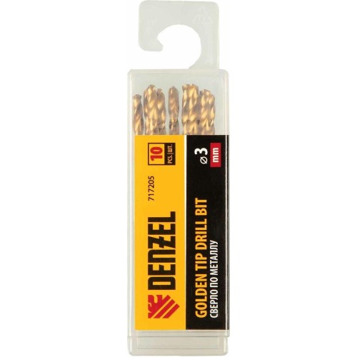 DENZEL Сверло по металлу, 3 мм, HSS-Tin, Golden Tip, 10 шт. 717205 DENZEL Сверло по металлу, 3 мм, HSS-Tin, Golden Tip, 10 шт. 717205