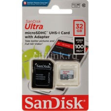 Карта памяти SANDISK 32GB MicroSDHC Ultra Class10 UHS-I U1 100MB/s + SD адаптер (SDSQUNR-032G-GN3MA)