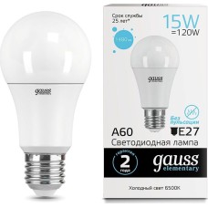 GAUSS Лампа светодиодная Elementary 15Вт цок.:E27 груша 220B 6500K св.свеч.бел.хол. A60 (упак.:10шт) (23235)