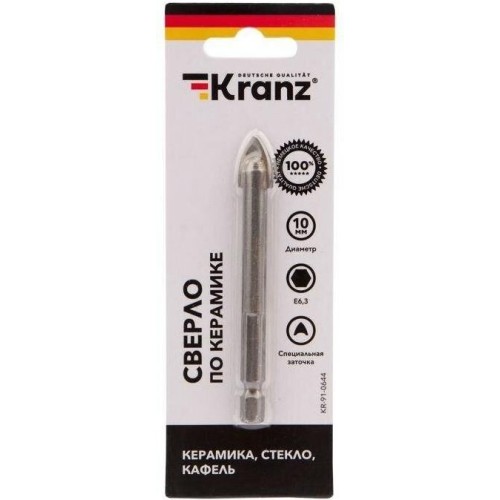 Сверло KRANZ (KR-91-0644) Сверло по стеклу и керамике10 мм, 2 грани, шестигранный хвостовик Сверло KRANZ (KR-91-0644) Сверло по стеклу и керамике10 мм, 2 грани, шестигранный хвостовик