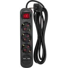REXANT Удлинитель STANDARD 3 гнезда, 3м, 3х1,0мм², с/з, с выключателем, 2 USB, черный