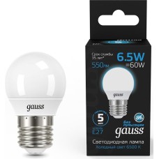GAUSS Лампа светодиодная 105102307 6.5Вт цок.:E27 шар 220B 6500K св.свеч.бел.хол. (упак.:10шт)