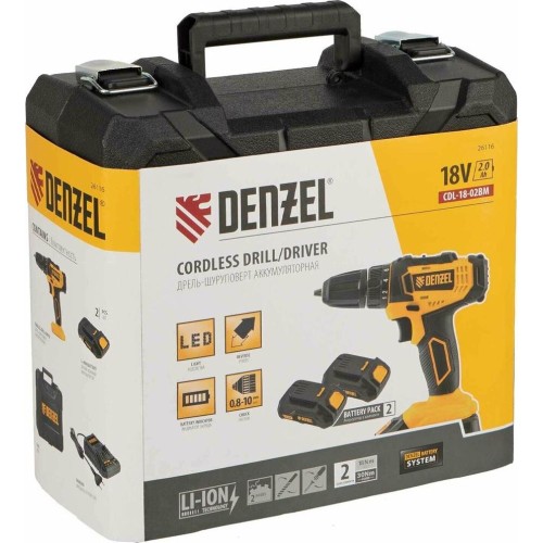 Дрель аккумуляторная DENZEL CDL-18-02BM Дрель-шуруповерт аккумуляторная , LI-ION, 18 В, 2 аккумулятор 26116 Дрель аккумуляторная DENZEL CDL-18-02BM Дрель-шуруповерт аккумуляторная , LI-ION, 18 В, 2 аккумулятор 26116