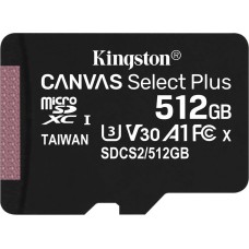 KINGSTON Карта памяти microSDXC UHS-I U3 Canvas Select Plus 512 ГБ, 100 МБ/с, SDCS2/512GB, 1 шт., переходник SD